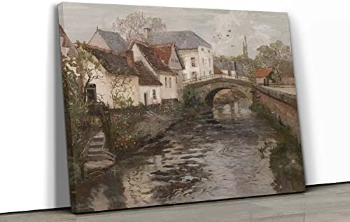 Framed Canvas Print Wall Art, Farmhouse Decor, Village House By The River, Country-side View Photography Realism Oil Painting For Living Room, Bedroom, Office Wall Decor, Old European Country River, Wrapped Framed