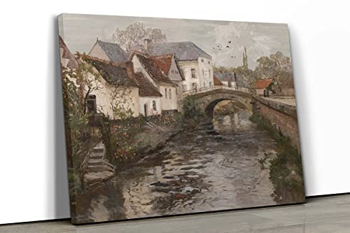 Framed Canvas Print Wall Art, Farmhouse Decor, Village House By The River, Country-Side View Photography Realism Oil Painting For Living Room, Bedroom, Office Wall Decor, Old European Country River, Wrapped Framed #TOP29