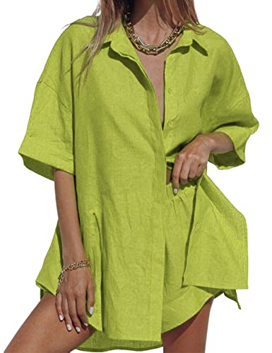 2 Piece Outfits For Women Vacation Outfits For Women Matching Sets For Women Button Down Short Sleeve Side Slit Shirt High Waist Shorts Set Summer Outfits Beach Outfits Avocado Green #TOP4