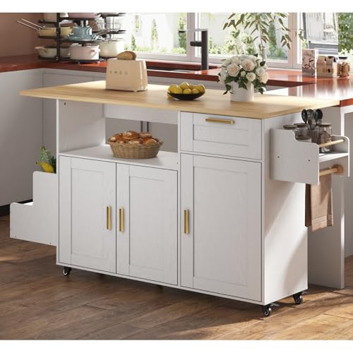 ASTRONAPE Rolling Mobile Kitchen Island with Countertop, 67" Long Desk Island for Kitchen with Trash Bin Space and Power Socket, Island for Microwave with Large Storage and Drawer (White, Medium)