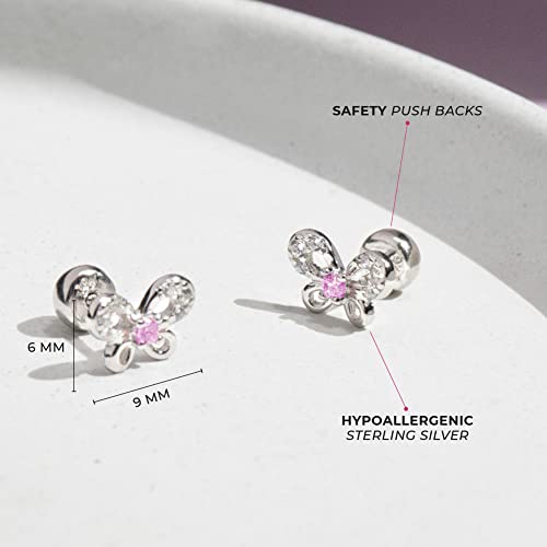 925 Sterling Silver Pink and Clear CZ Butterfly Safety Stud Earrings For Baby Girls- Dazzling Push Back Earrings For Infants, Toddlers, Little Girls & Teens- Safe For Kids With Sensitive Ears4