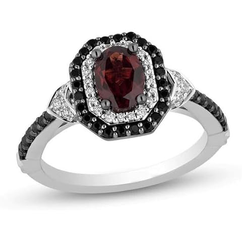 1.60 Cttw Oval Cut Created Red Garnet and Black, White Diamond Halo Wedding Engagement Ring In 14K White Gold Over 925 Sterling Silver with Lovely Gift Box Ring Size-7.5 Cover