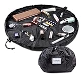 Lay-n-Go Cosmo Drawstring Cosmetic & Makeup Bag Organizer - Portable Drawstring Makeup Bag w/Zipper Pocket, Makeup Loops & More - Durable, Machine Washable Toiletry Bag for Travel (22', Black)