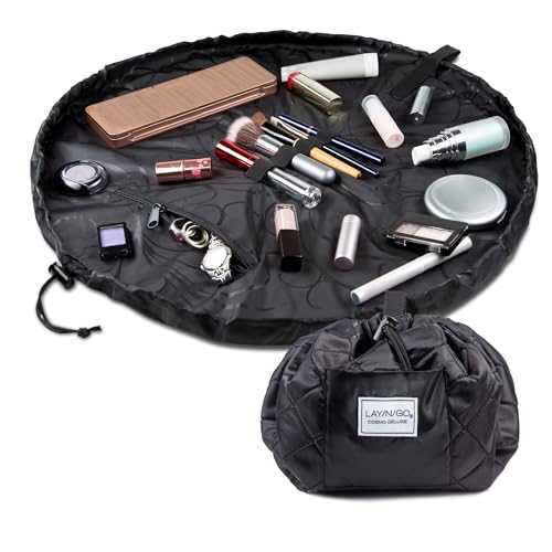 Lay-n-Go Cosmo Layflat Cosmetic & Makeup Bag Organizer - Portable Drawstring Bag w/Zipper Pocket, Brush Storage Loops & More - Durable, Machine Washable Toiletry Bag for Travel (22
