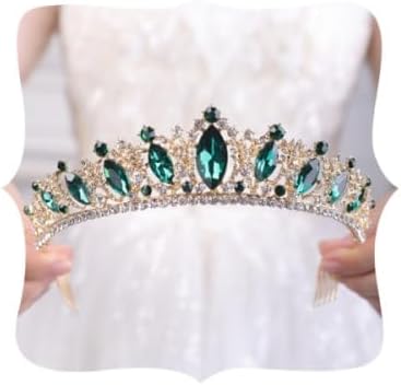 Wekicici Crystal Tiara with Comb Wedding Green Crown Princess Queen Headband for Brides Hair Accessories for Women Halloween Birthday Costume Party Pageant