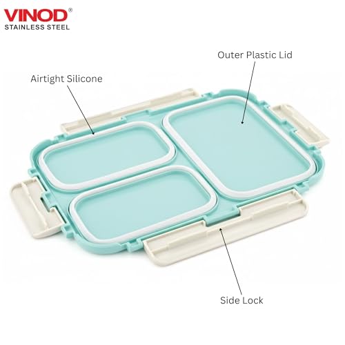 Image of Vinod GO-Tiffin Stainless Steel 3 Compartment Insulated Lunch Box | Blue | Leaf-Proof, Vacuum Sealed & Air Tight | Tiffin Box for Office, Kids & Adults | Freezer Safe | with Safety Lock