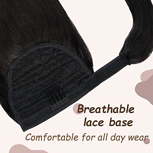 14In Ponytail Extensions 65G #1B 100% Remy Human Hair Wrap Around Long, Clip In Hair Extensions Straight One Piece Hairpiece (14In, Natural Black) #TOP3