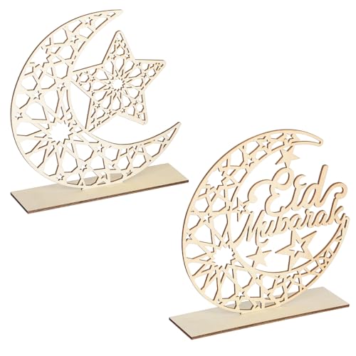 Hinsly 2 Pieces Wood Ramadan Decorations Islamic Eid Mubarak Kareem Table Sign Moon Hollow Star Ornament for Muslim Party Tabletop Decor Home Art Craft Decoration Moon