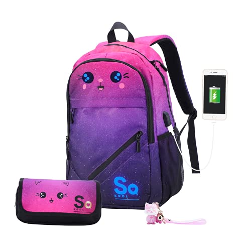 Sac à Dos Cartable Lumineux Kawaii avec Port de Charge USB Ecole Loisirs Enfants Fille Adults Femme Imperméable Orthopédique Respirable 45 cm avec sa Trousse et un Porte-clès Kawaii (Violet d'évêque)