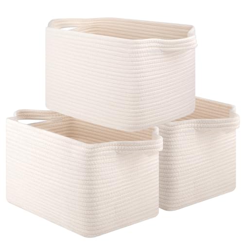 Image of OIASKET 3 Pack Storage Basket for Organizing, Woven Baskets for Storage, Rectangle Rope Baskets for Shleves, Closet, Toys, Books, Nursery Organizer Bins, White