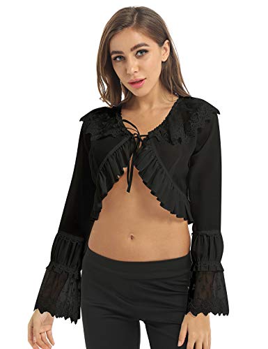 ACSUSS Women's Sexy Long Flare Sleeves Open Front Shrug Shawls Crop Top Blouse T-Shirt Black S