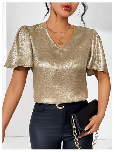 Floerns Women's Metallic Flounce Short Sleeve Shirts V Neck Party Blouse Tops3