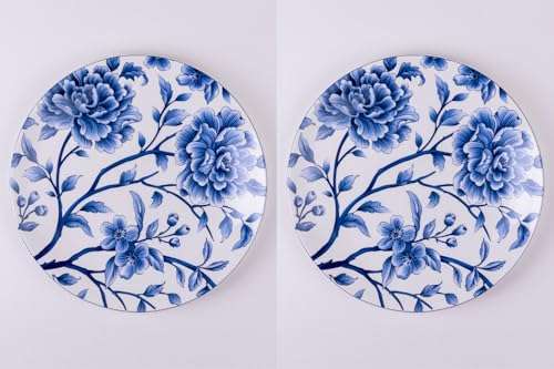 Image of GOLDEN QUEEN'S Handcrafted Dinner Plates: Set of 2 | Perfect for Hosting and Daily Meals | Microwave Safe Plates | 10.5 inch | Serves 2 - Sapphire Bloom Dinner Plates