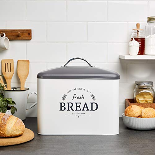 Extra Large White Farmhouse Bread Box For Kitchen Countertop - Breadbox Holder Fits 2+ Loaves - Bread Storage Container Bin - Rustic Bread Keeper Vintage Metal Kitchen Decor For Counter (White With Grey Lid) #TOP1