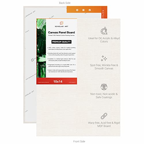 Image of Scholar Art Hobby Series 04 Oz (230 GSM) 100% Cotton Canvas Panel Board for Painting (White Blank Canvas Boards for Acrylic Paint, Oil Paint, Wet & Dry Media) | 10 inchx14 inch (25x35 cm), Pack of 12