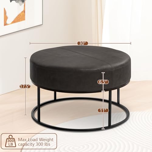 Image of Modern Round Coffee Table, Farmhouse Ottoman for Living Room, Large Vintage Faux Leather Coffee Tables with Leather Upholstered Padded Seat [Round, Vintage Black, 30'']