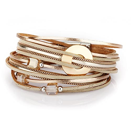 Fesciory Leather Wrap Bracelets for Women, Boho Leopard Multi-Layer Crystal Beads Cuff Bracelet Jewelry (Metal Disc)
