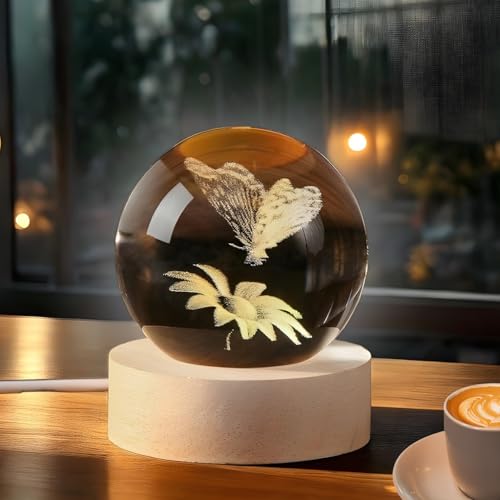 Image of 3D Crystal Sunflower with Butterfly Night Lamp LED Decoration Table Light with Wooden Stand for Bedside, Home Office Decor (Butterfly Sunflower)