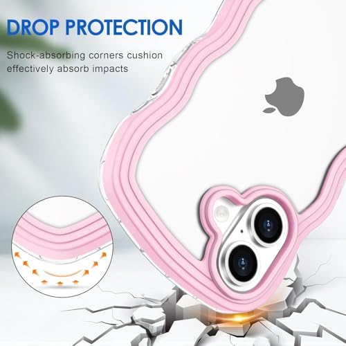 Image of GoldKart iPhone 16 Case Wavy Edge Clear Back Design, Anti-Slip Grip Cute Wave Curly Frame Shape Shockproof Soft TPU & Hard PC Bumper Protective Phone Case Cover for Women Girls - Pink