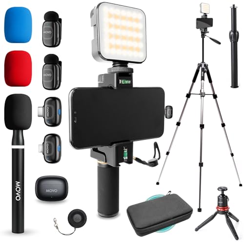 Movo iVlogger-PRO Wireless Vlogging Kit for iPhone/Android with Fullsize Tripod - YouTube Starter Kit with Wireless Microphone, Tripod, LED Light for Content Creators