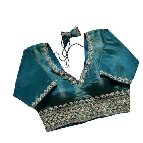 Image of Pujia Mills Women's Silk Jari Embroidery Sequence Work Round Neck Half Sleeve Readymade Blouse