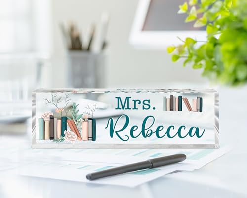 Kiuties Personalized Teacher Desk Name Plate, School Librarian Gift, Teacher Appreciation Gifts, Custom Name Acrylic Block, School Librarian Name Sign, Teacher Desk Decor