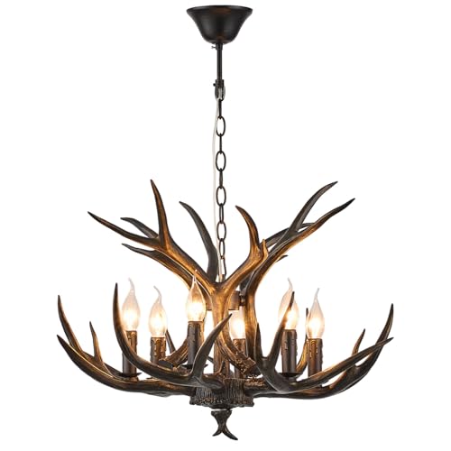 Durahonn Coffee Black Color 6 Light Resin Antler Chandelier E12 Base Deer Horn Ceiling Light Fixture Easy Installation Rustic Lodge Lighting for Dining Room Living Room (Coffee 6 Lights)