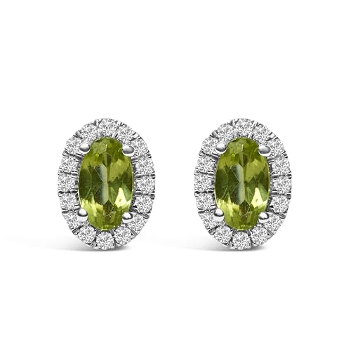 10K White Gold 5x3 MM Oval Green Peridot and Diamond Halo Stud Earrings (I-J Color, I1-I2 Clarity)