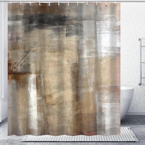 Rideau de douche design abstrait beige et gris à œillets renforcés 140x200