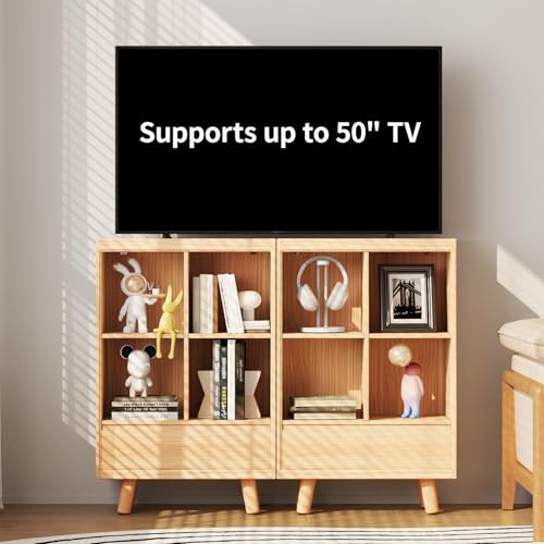YOSHOOT 4 Cube Bookshelf with 1 Drawer - 21.7" Wood Cube Bookcase with Legs, Open Cubby Bookshelves for Bedroom, Living Room,Home Office, Nature by YOSHOOT - Used condition - Image 5