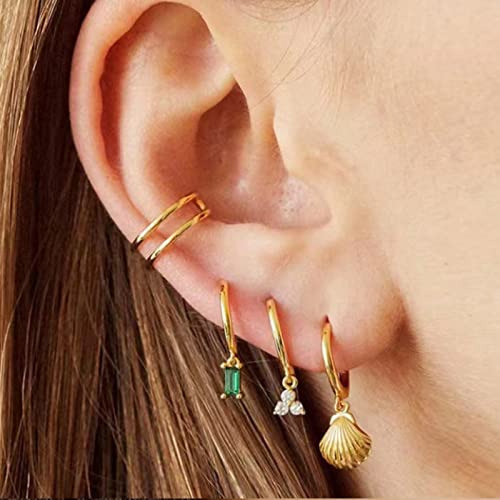 Small Gold Hoop Earrings With Green Drop, Gold Huggie Hoop Earrings For Women 14K Gold Hoops Hypoallergenic Jewelry For Men 2PCS by Mocicafier - Used condition - Image 3