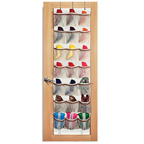 Smart Design Over-The-Door Organizer w/ 42 Pockets w/ Elastic Trim & Hanging Hooks - VentilAir Mesh Fabric - Shoes, Pantry, & Closet Storage - Home Organization (21 x 73 Inch) [Beige w/ Brown]