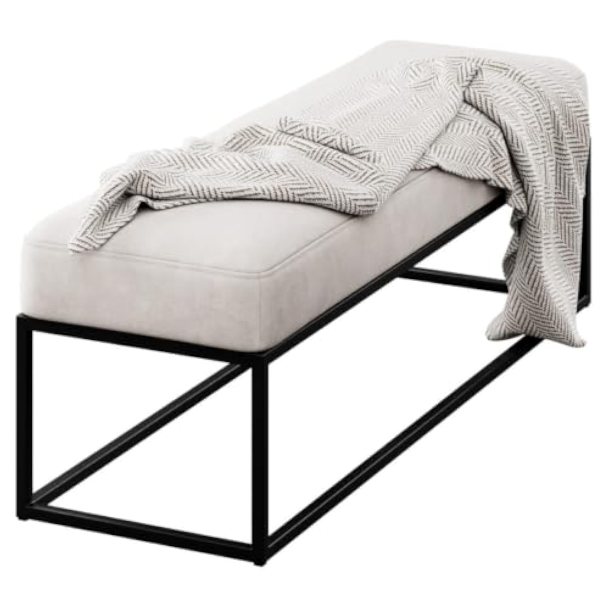 Upholstered Bench with Black Metal Frame, Beige Cushion Seat