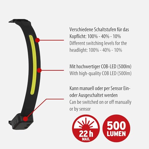 Brennenstuhl Luxpremium Lampada Frontale Con Sensore A Led Ricaricabile Sl 500 A (Faro Usb C Con Luce Rossa, IP44, COB-LED, 500 Lm, Durata Della Luce Fino A 22 Ore, Batteria Ricaricabile 18650 - 2