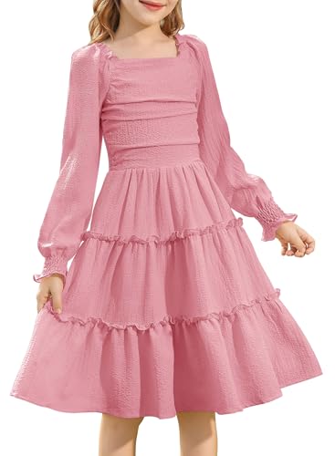 HOZIY Girls Long Sleeve Dress Ruched Smocked Tiered Ruffle A-Line Casual Boho Teen Dresses with Pocket Size 6-16 Years