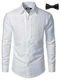 JOGAL Men's Tuxedo Shirt Pleated Dress Shirts with Bow Tie for Party Wedding White