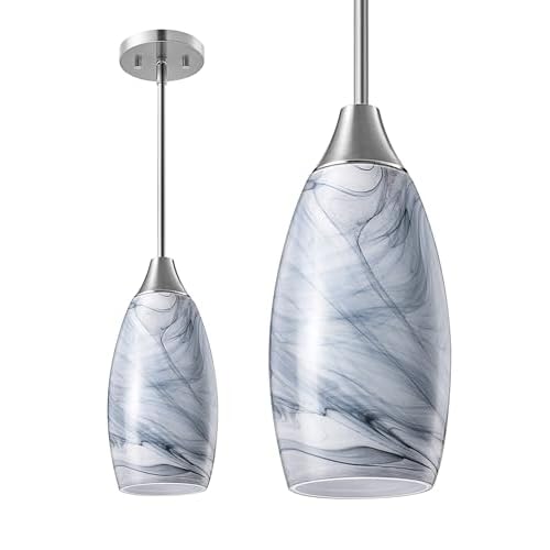EDISHINE Pendant Light Fixture, Handcrafted Art Glass Hanging Light, Hardwired Ceiling Light, Grey Marble Glass Shade, Adjustable Brushed Nickel Rods, E26 Base, Pendant Lamp for Kitchen Isla