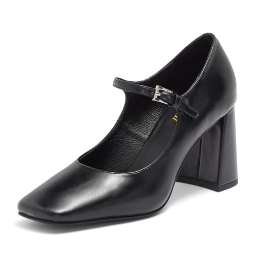 miss left Women Cute Mary Janes Square Toe Block Chunky High Heel Pumps Ankle Strap with Buckle Dance School Shoes Size 4-16 US