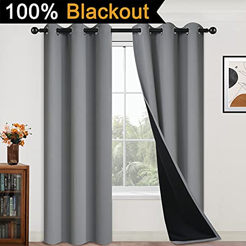 Image of Yakamok 84 Inch Length 100% Blackout Curtains for Bedroom, 2 Thick Layers Thermal Insulated Grommet Total Blackout Drapes with Black Liner for Living Room (42Wx84L,Grey, 2 Panels)