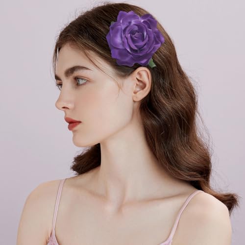 Image of 3.9 inch Purple Rose Flower Hair Clip Brooches for Women | Elegant Flower Rose Hair Clips for Women Fashion | Charming Floral Lapel Pins for Clothes, Flowers Brooch Pin Accessories for Weddings & Parties