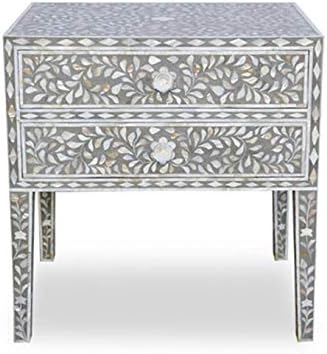 Mother of Pearl Inlay Bedside Table with 2 Drawers in Grey