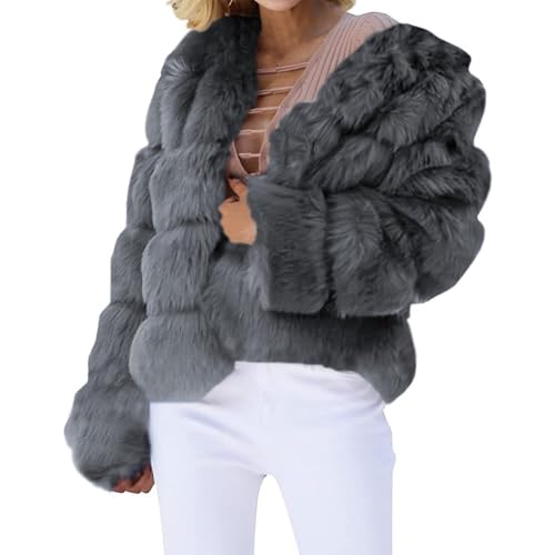YIzdegg Chaqueta de piel sintética para mujer, color negro, para invierno, elegante, corto, de piel sintética, chaqueta de invierno de color liso, con pelo sintético, plateado, 5XL