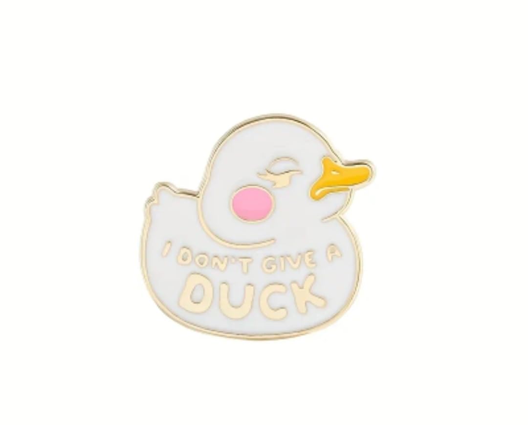 I Don't Give a Duck Enamel Pin, White and Gold Rubber Duck Brooch, Cute Novelty Lapel Pin with Pink Accent, Funny Statement Jewelry