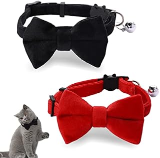 2 Pcs Velvet Bowtie Cat Collar with Bell Adjustable Breakaway Cat Collars Kitten Small Puppy Safety Bow Tie Solid Wedding Red Cat Collar for Boy Girl Cats