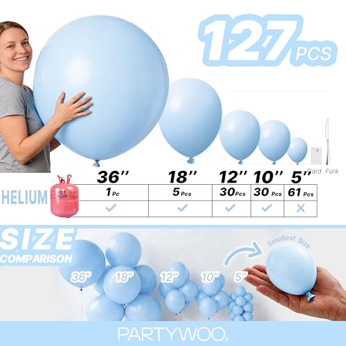 Image of PartyWoo Baby Blue Balloons 127pcs Different Sizes of 36 18 12 10 5 Inch Light Pastel Sky Aqua Blue Balloon Arch Kit Garland for Graduation Baby Shower Gender Reveal Easter Party Decorations Blue-Q13