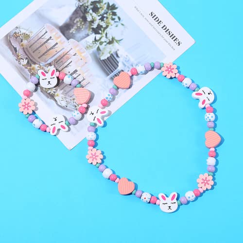 Colgante Unicornio Niñas Collar Pulsera Set,Niños Unicornio Joyas de Madera Kit Collar de Cuentas de Madera Elásticas Unicornio Princesa Beads Regalo para la Fiesta de Cumpleaños Pretender,Conejo Cover