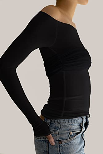 Meladyan Women Off Shoulder Ruched Sheer Mesh Sexy Tshirt Top Long Sleeve Pleated See Through Solid Slim Shirt Blouse Tops3