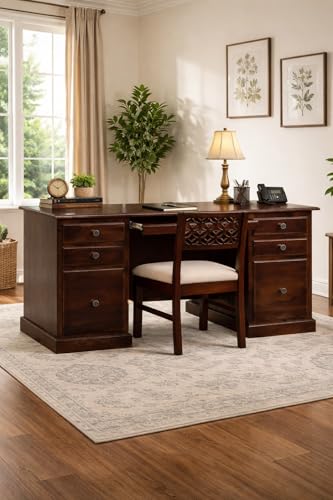 Image of Sheesham Wood Study Table for Bedroom 6 Drawer with Keyboard Tray with Floral Chair Dark Walnut Color with Matte Finished