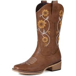ZBYY Women's Cowboy Boots - Mid Calf Western Boots With Sunflower Embroidery, Square Toe, Chunky Low Heel
