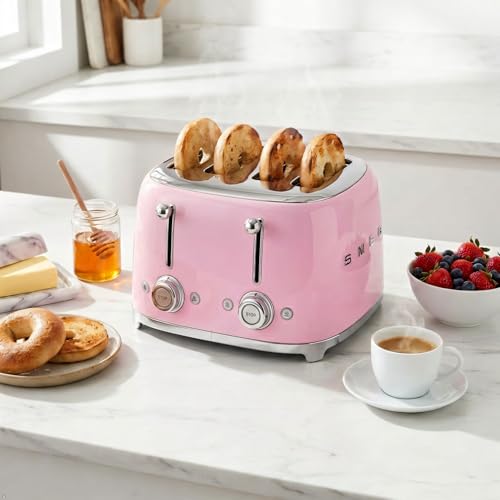 Image of SMEG 4 Slice Toaster TSF03, Retro Stainless-Steel Toaster with Wide Slots for Bagels, 6 Browning Levels, Defrost Reheat Bagel Functions, Dual Controls, Crumb Trays, 1800W - TSF03PKUS - Pink